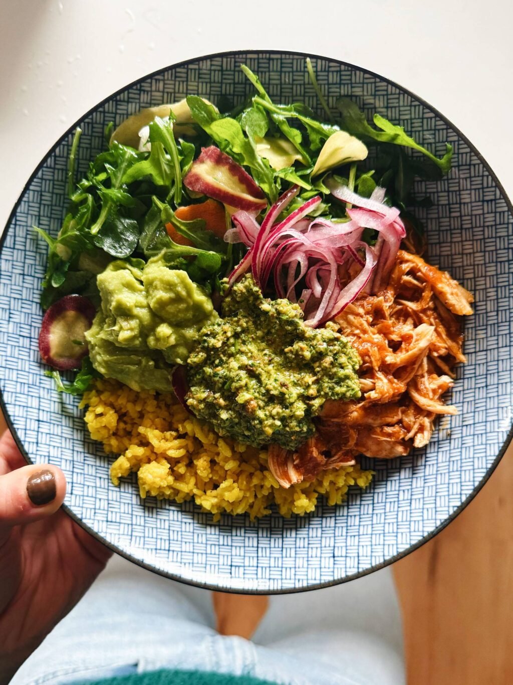 Crockpot Chicken Bowls with Yellow Rice and Cilantro Pesto Recipe