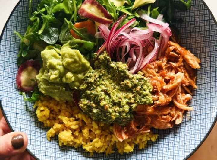Crockpot Chicken Bowls with Yellow Rice and Cilantro Pesto Recipe
