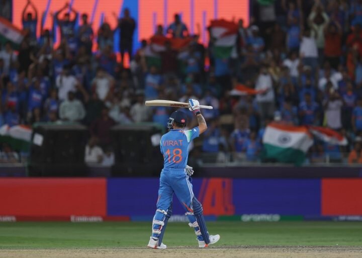 India's Virat Kohli celebrates after scoring fifty runs during the ICC Champions Trophy semifinal cricket match between India and Australia at Dubai International Cricket Stadium in Dubai, United Arab Emirates, Tuesday, March 4, 2025. (AP Photo/Christopher Pike)