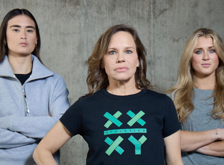 Jennifer Sey with brand ambassadors Paula Scanlan (L) and Riley Gaines (R)