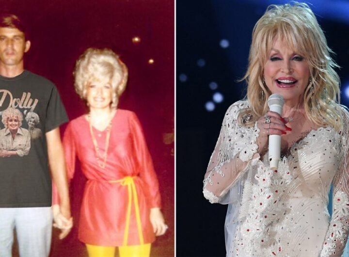 throwback photo of dolly parton and husband carl dean wearing a dolly shirt/dolly performing