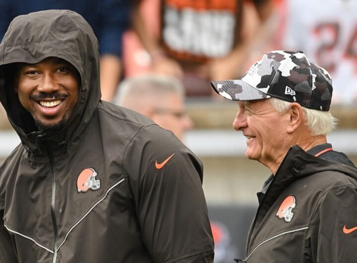 Myles Garrett interacts with Jimmy Haslam